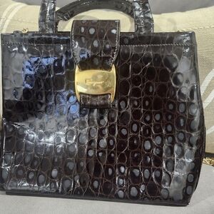 RESERVED Salvatore Ferragamo Black Crocodile-Embossed Satchel with Gold Clasp